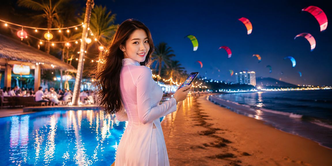 Người dùng tại Mũi Né xem thông tin thanh toán và giải trí trên điện thoại
